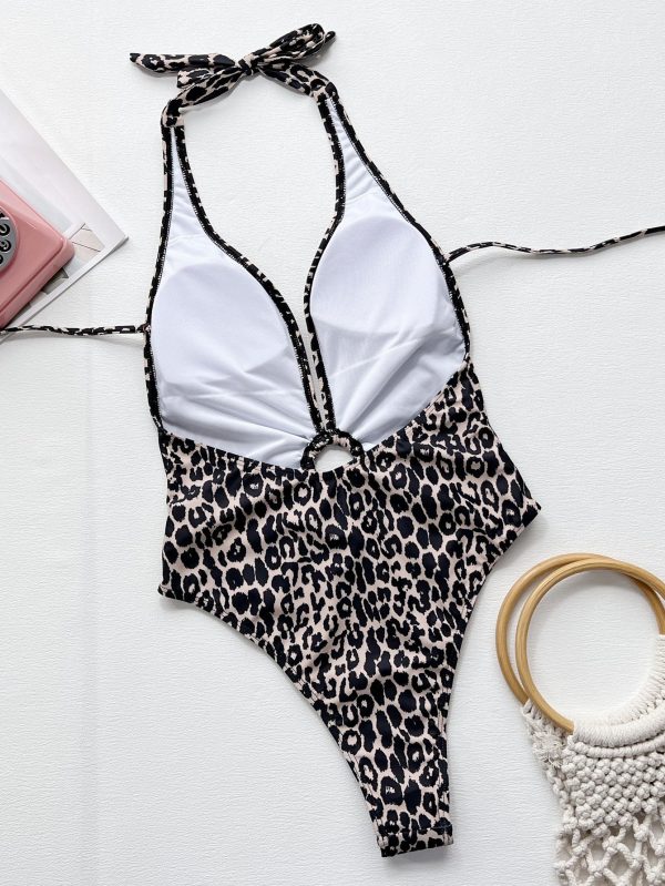 Leopard Halter Neck Ring Detail One-Piece Swimsuit - Image 5