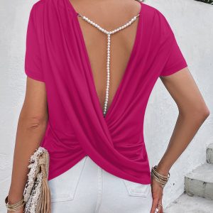 Ivy Lane Beads Trim Back Twisted Blouse