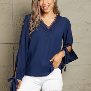 Perfee V-Neck Tie Cuff Slit Blouse