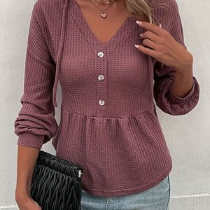 Perfee Waffle-Knit Buttoned Drop Shoulder Hoodie