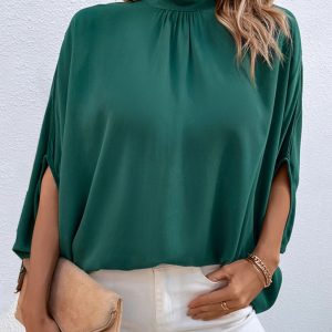 Perfee Tie Back Mock Neck Blouse