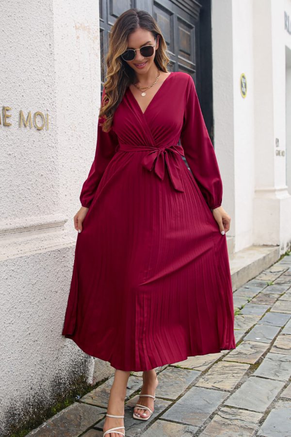 Pleated Long Sleeve Surplice Maxi Dress - Image 11