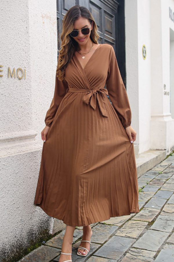 Pleated Long Sleeve Surplice Maxi Dress - Image 8