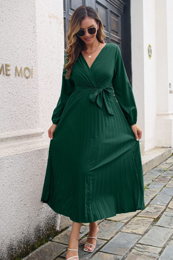 Pleated Long Sleeve Surplice Maxi Dress - Image 14