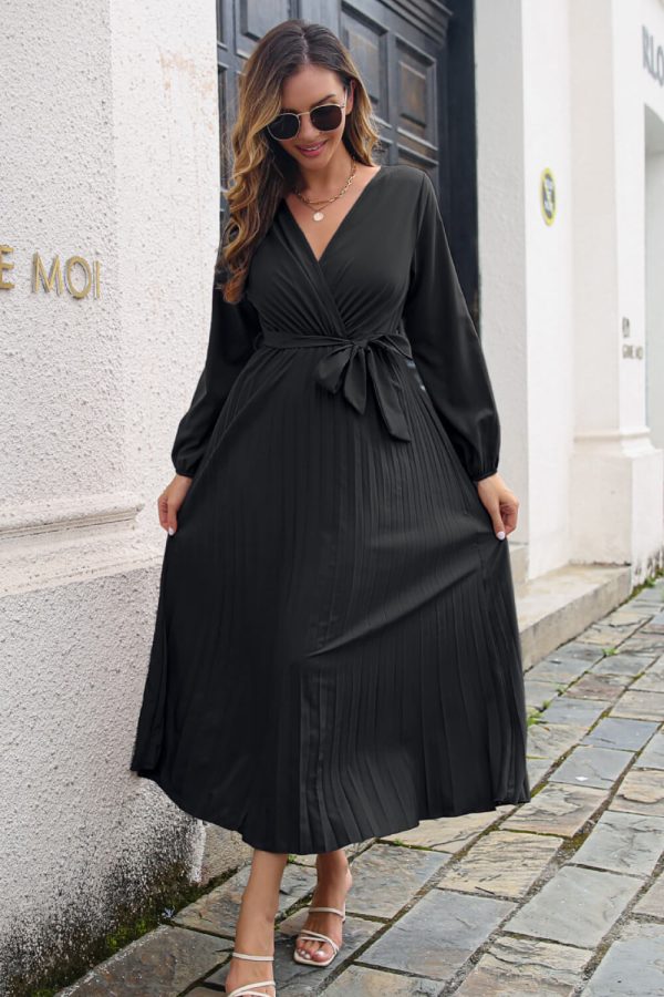 Pleated Long Sleeve Surplice Maxi Dress - Image 5
