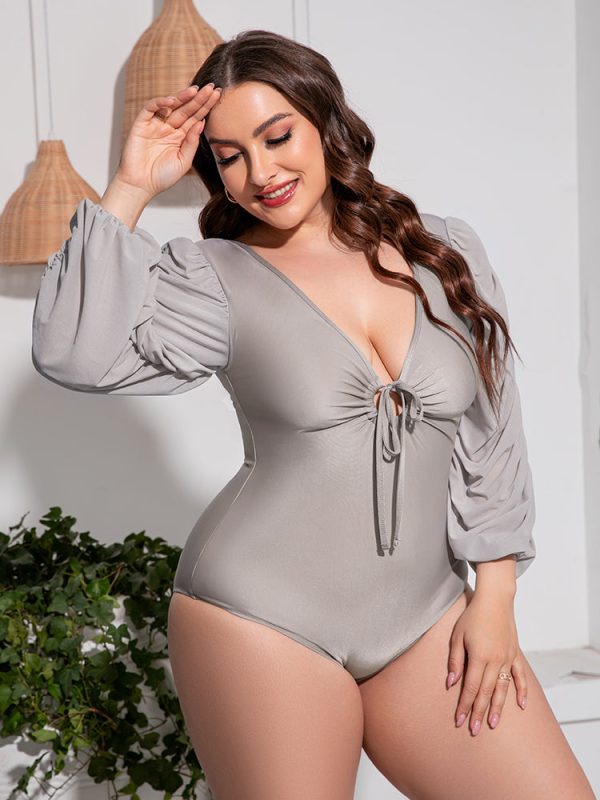 Plus Size Tied Deep V Balloon Sleeve One-Piece Swimsuit - Image 9