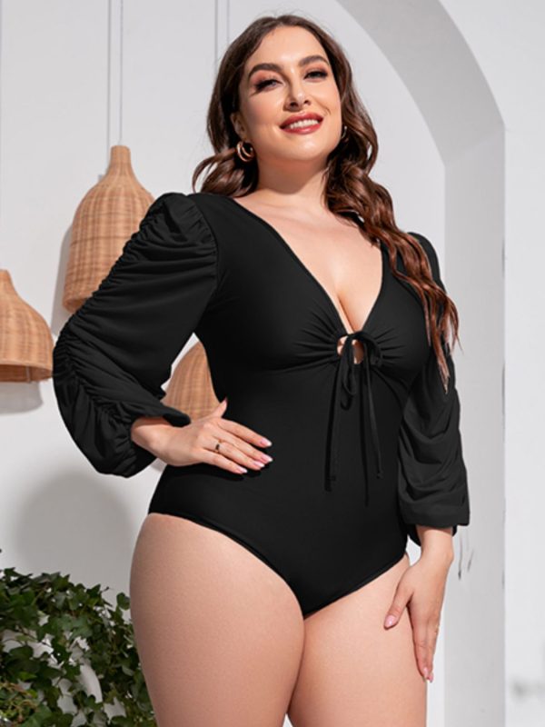 Plus Size Tied Deep V Balloon Sleeve One-Piece Swimsuit - Image 2