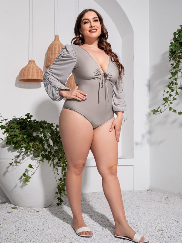 Plus Size Tied Deep V Balloon Sleeve One-Piece Swimsuit - Image 11