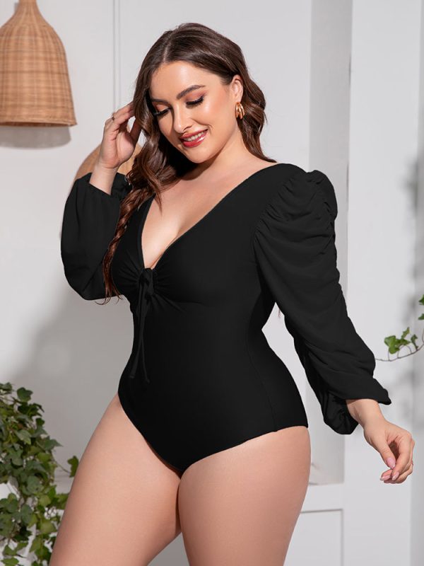 Plus Size Tied Deep V Balloon Sleeve One-Piece Swimsuit - Image 5