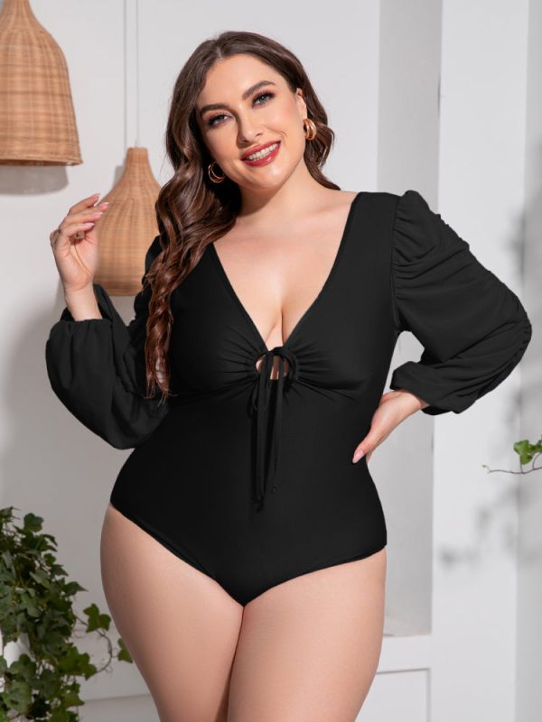 Plus Size Tied Deep V Balloon Sleeve One-Piece Swimsuit - Image 4