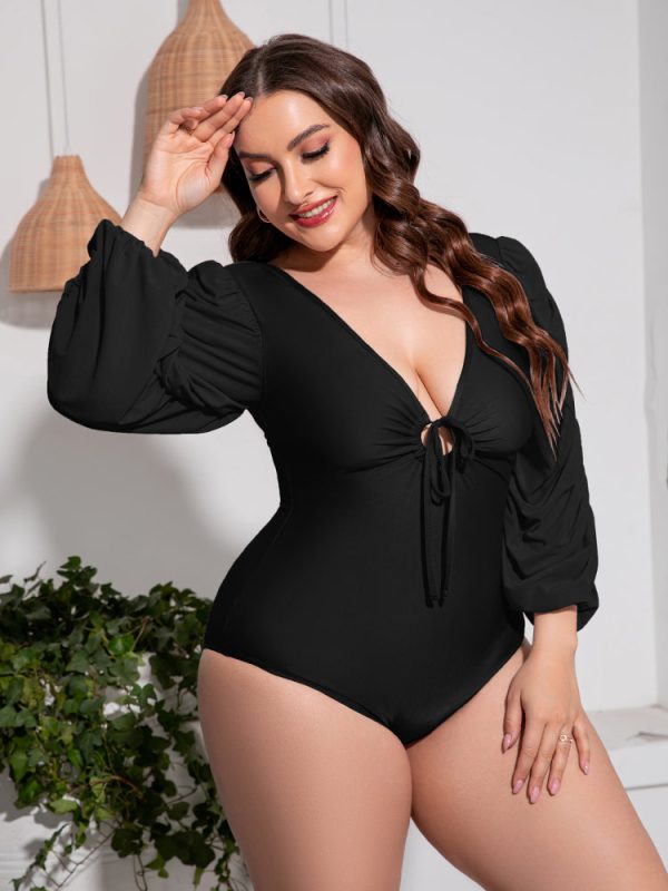 Plus Size Tied Deep V Balloon Sleeve One-Piece Swimsuit - Image 6