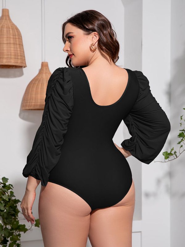 Plus Size Tied Deep V Balloon Sleeve One-Piece Swimsuit - Image 3