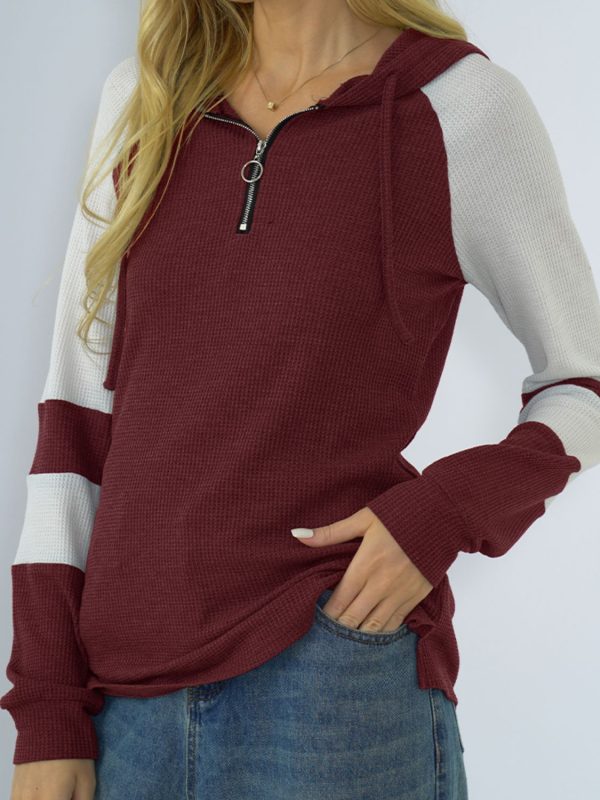 Shiny Waffle-Knit Raglan Sleeve Zipper Front Hoody - Image 16