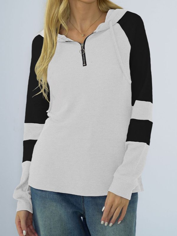 Shiny Waffle-Knit Raglan Sleeve Zipper Front Hoody - Image 4