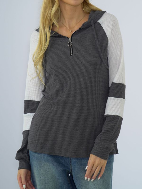 Shiny Waffle-Knit Raglan Sleeve Zipper Front Hoody - Image 12