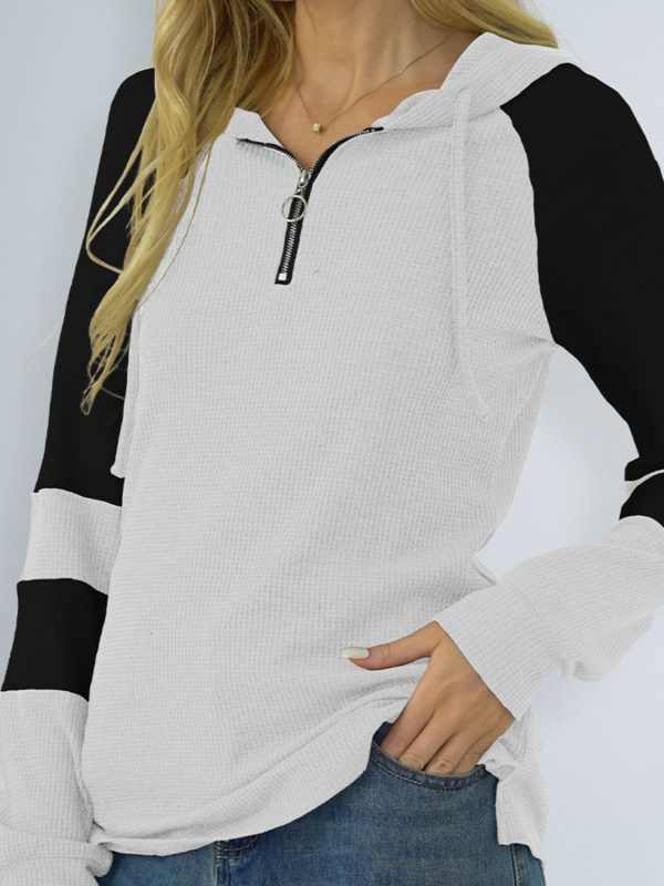 Shiny Waffle-Knit Raglan Sleeve Zipper Front Hoody - Image 5