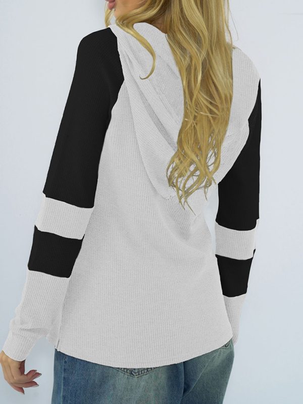 Shiny Waffle-Knit Raglan Sleeve Zipper Front Hoody - Image 3