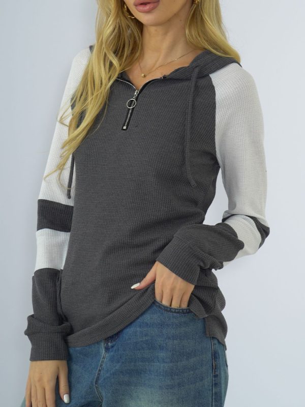 Shiny Waffle-Knit Raglan Sleeve Zipper Front Hoody - Image 9