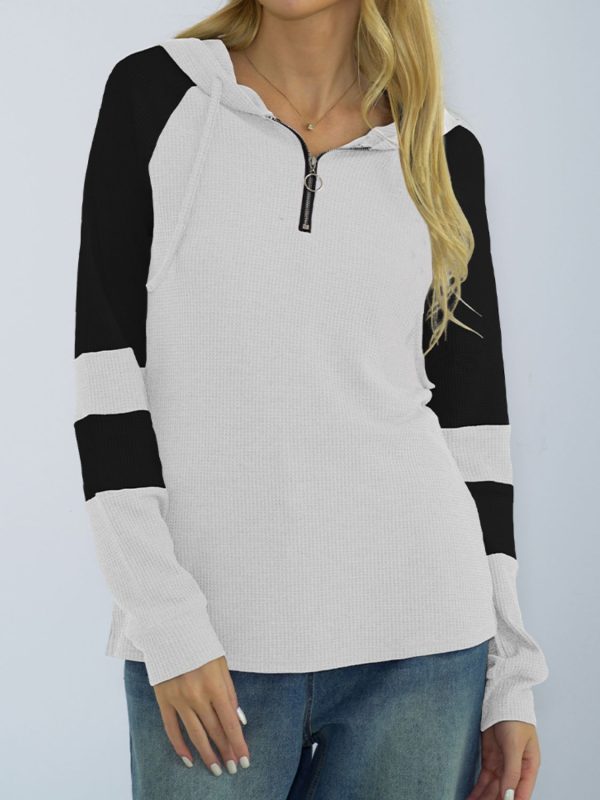 Shiny Waffle-Knit Raglan Sleeve Zipper Front Hoody - Image 2