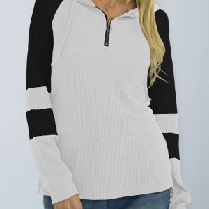 Shiny Waffle-Knit Raglan Sleeve Zipper Front Hoody