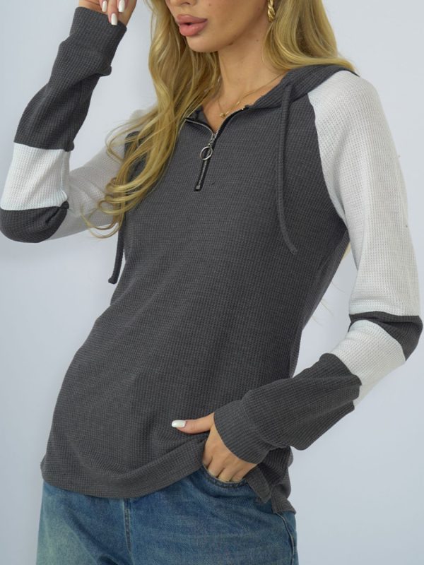 Shiny Waffle-Knit Raglan Sleeve Zipper Front Hoody - Image 7