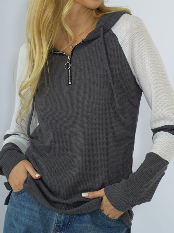 Shiny Waffle-Knit Raglan Sleeve Zipper Front Hoody - Image 10