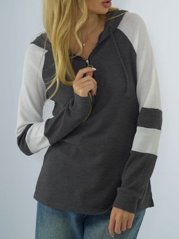 Shiny Waffle-Knit Raglan Sleeve Zipper Front Hoody - Image 11