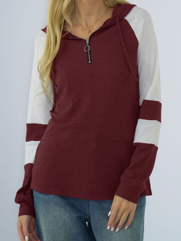 Shiny Waffle-Knit Raglan Sleeve Zipper Front Hoody - Image 14