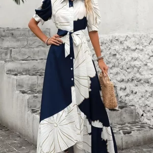 Printed Tie Waist Half Sleeve Maxi Shirt Dress
