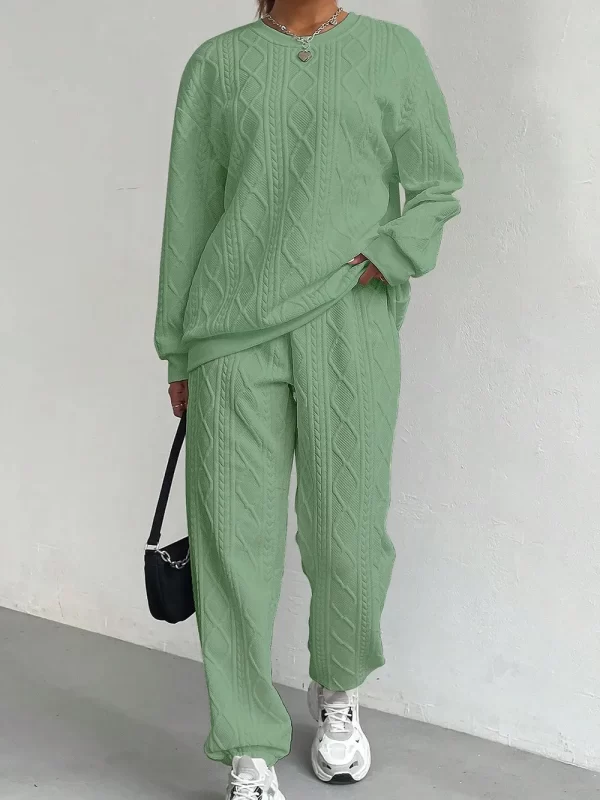 Texture Round Neck Top and Pants Set - Image 4