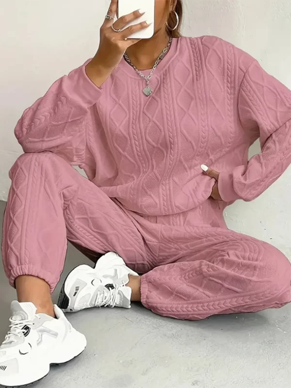 Texture Round Neck Top and Pants Set - Image 10