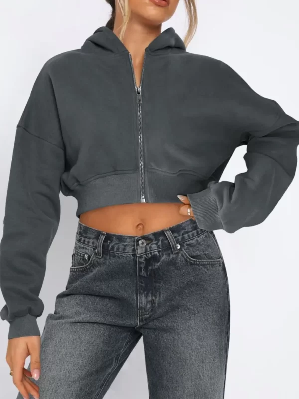 Zip Up Long Sleeve Hooded Cropped Jacket - Image 11