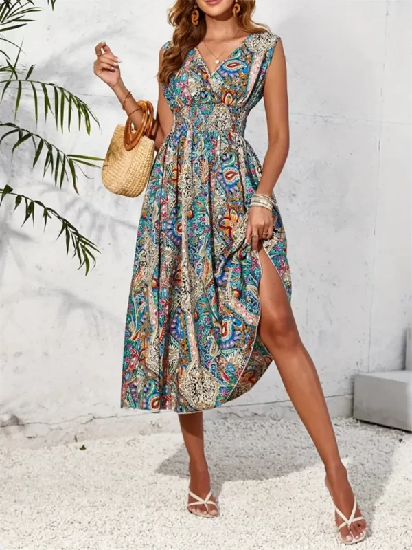 Smocked Printed Surplice Sleeveless Midi Dress - Image 4