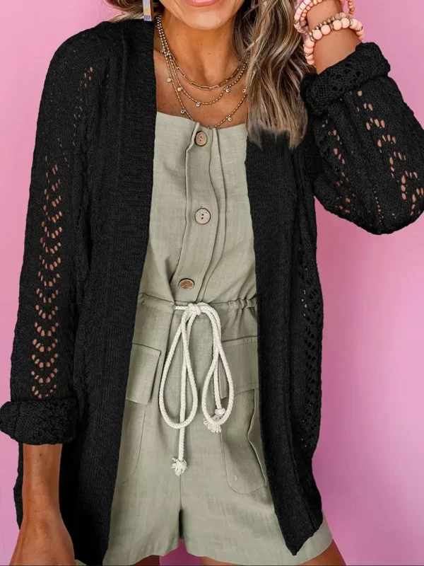 Openwork Open Front Long Sleeve Cardigan - Image 7