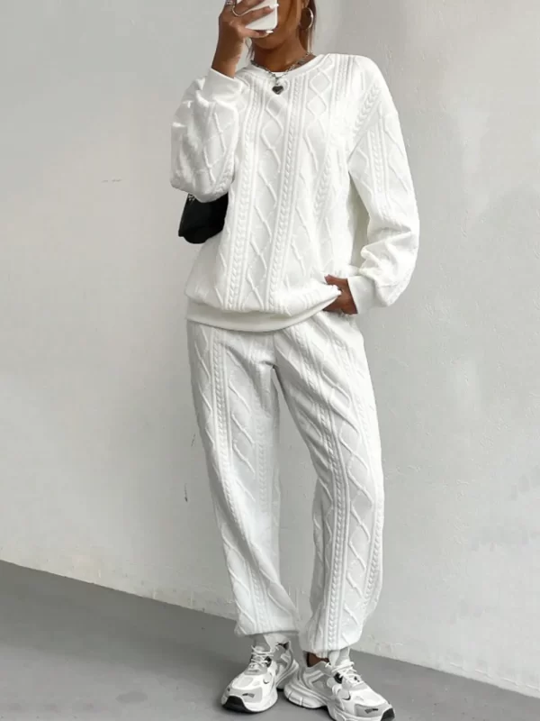Texture Round Neck Top and Pants Set - Image 14