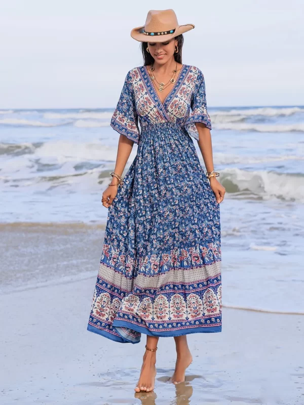 Ruched Printed Flounce Sleeve Midi Dress - Image 2