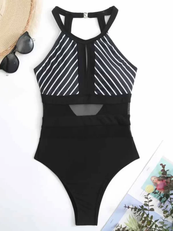 Mesh Detail Backless Striped One-Piece Swimsuit - Image 6