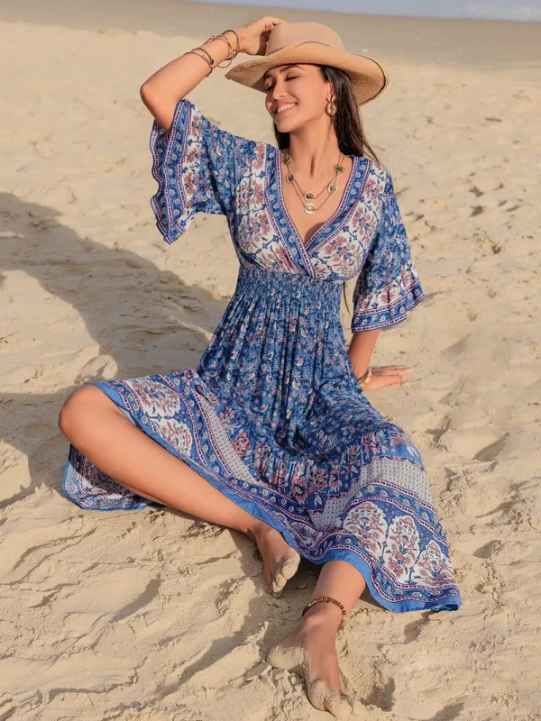 Ruched Printed Flounce Sleeve Midi Dress - Image 6