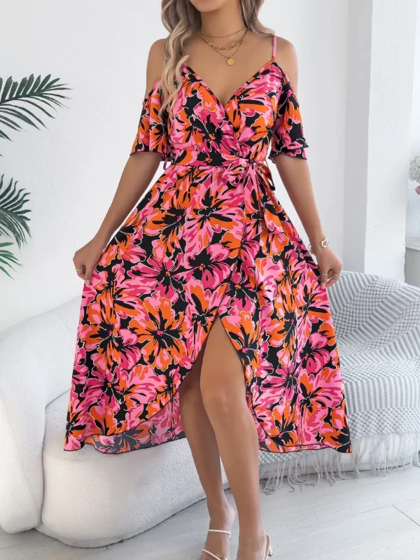 Printed Cold Shoulder Midi Cami Dress - Image 13