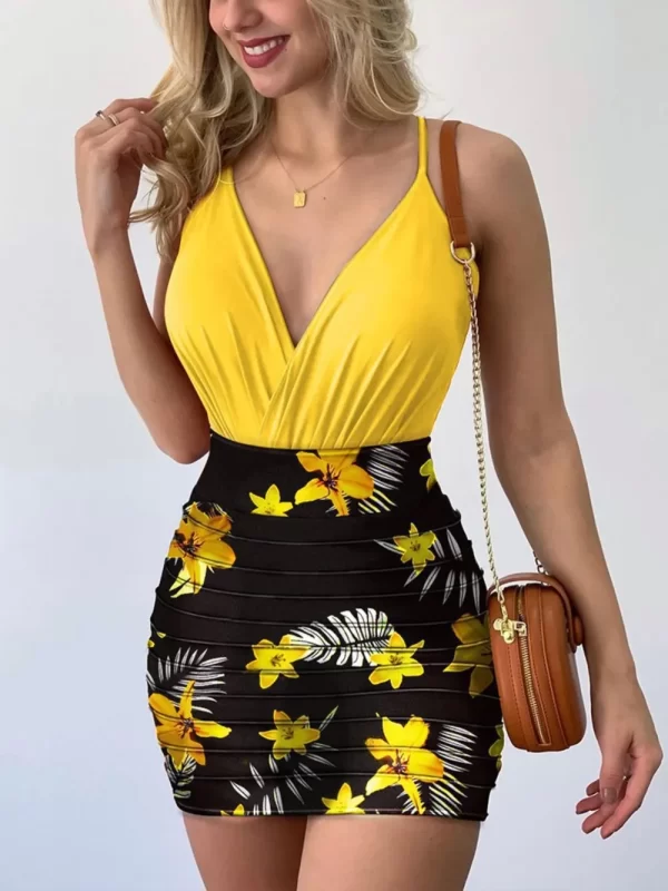 Surplice Spaghetti Strap Top and Printed Mini Skirt Set - Image 14