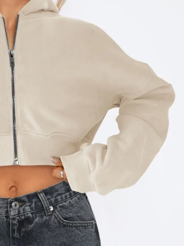 Zip Up Long Sleeve Hooded Cropped Jacket - Image 6