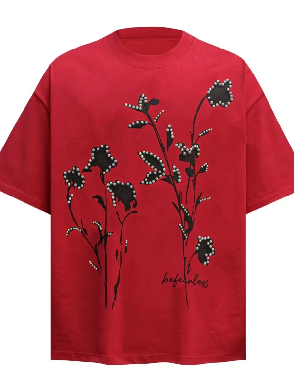 Men's Flower Pearl Detail Oversized Short Sleeve T-Shirt - Image 5