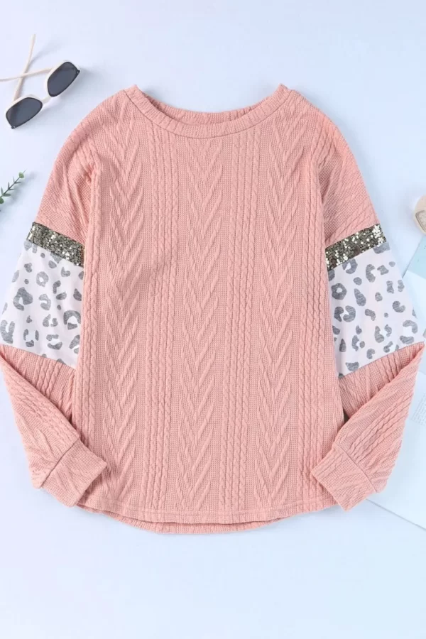 Sequin Leopard Round Neck Long Sleeve Sweater - Image 6