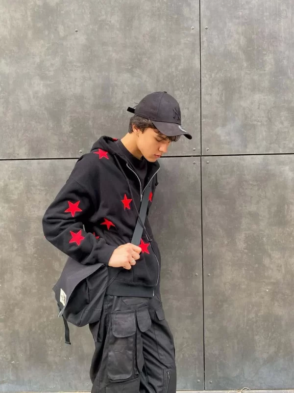 Men's Contrast Star Hooded Zip Up Hoodie - Image 4