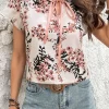 Floral Print Tie Neck Short Sleeve Blouse