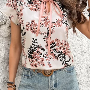 Floral Print Tie Neck Short Sleeve Blouse
