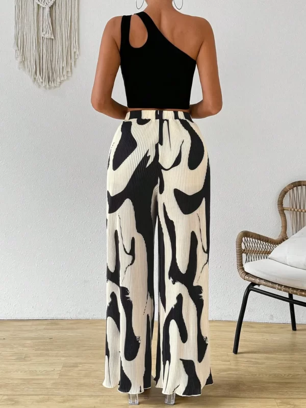 Cutout One Shoulder Top and Printed Pants Set - Image 5