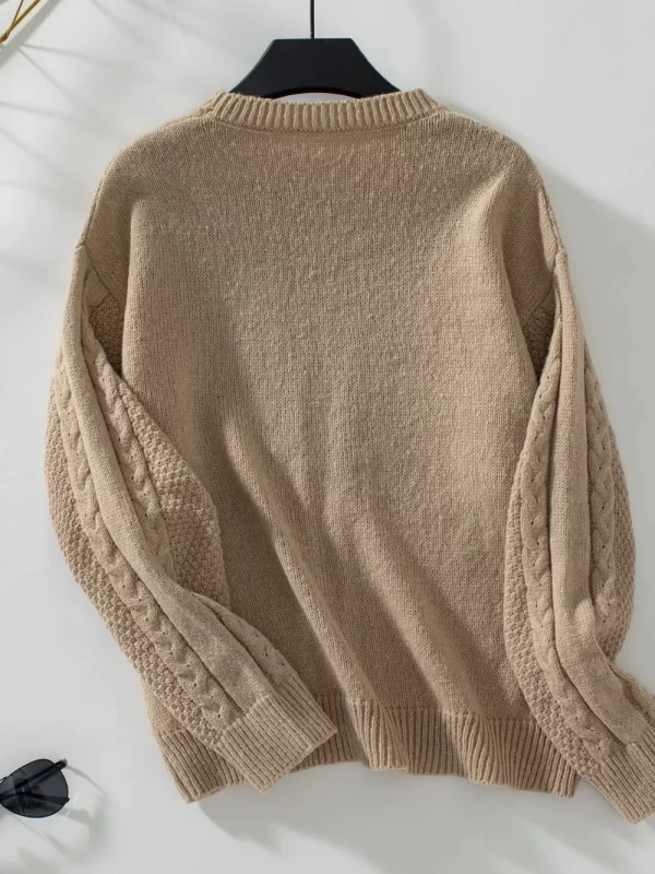 Openwork Cable-Knit Round Neck Long Sleeve Sweater - Image 3