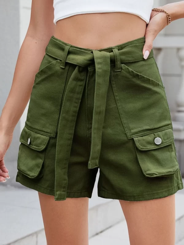 High Waist Belted Cargo Denim Shorts - Image 11