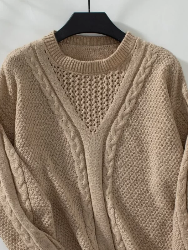 Openwork Cable-Knit Round Neck Long Sleeve Sweater - Image 2